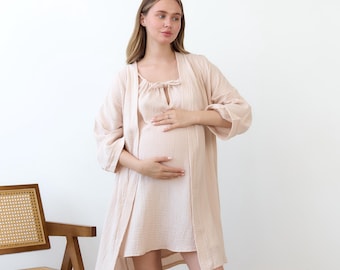 Chemise de nuit et peignoir de maternité en mousseline pour mamans qui allaitent - Vêtements de détente post-partum en coton, cadeau sac d&#39;hôpital
