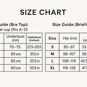 Size chart for maternity bra and briefs set – includes underbust and hip measurements in cm and inches.