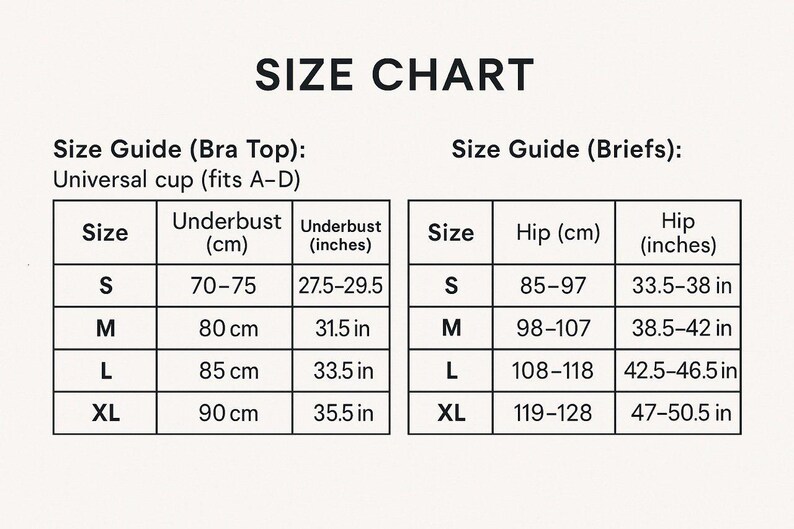 Size chart for maternity bra and briefs set – includes underbust and hip measurements in cm and inches.