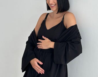 Ensemble chemise de nuit de maternité avec soutien-gorge intégré et peignoir en coton | Pyjama d&#39;allaitement pour l&#39;allaitement | Vêtements de détente en coton doux pour maman