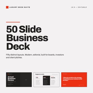 Può includere: Un modello di presentazione digitale intitolato Luxury Deck Suite che include un mazzo aziendale di 50 diapositive con cinquanta layout distinti. La grafica presenta testo in bianco e nero con accenti rossi e mostra tre esempi di diapositive.