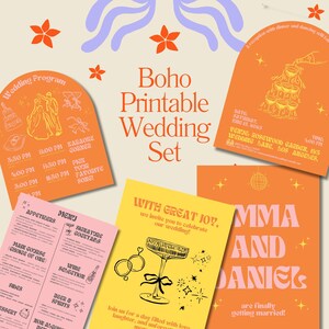 以下が含まれることがあります： オレンジ、ピンク、イエローの色合いの、様々な文房具アイテムを備えたBoho Printable Wedding Set。招待状、メニュー、プログラムが含まれています。招待状には「Emma and Daniel」の名前と「ついに結婚します！」というテキストが表示されています。
