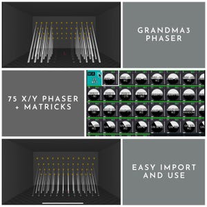Puede incluir: Interfaz digital con el texto "GRANDMA3 PHASER" y "75 X/Y PHASER + MATRICKS". La imagen muestra una representación 3D de haces de luz y un panel de control con varias configuraciones.