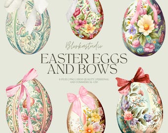 May include: Six watercolor illustrations of Easter eggs with floral designs and pink, white, and red bows. The eggs are decorated with intricate patterns and flowers in shades of pink, yellow, and green.