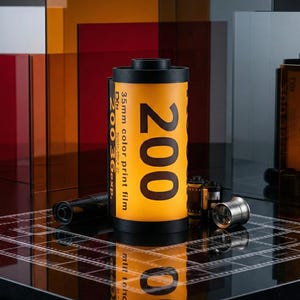 May include: A yellow and black 35mm color print film canister with the number 200 in large black font. The film canister is surrounded by other film canisters and a silver lens cap. The background features colorful translucent panels.