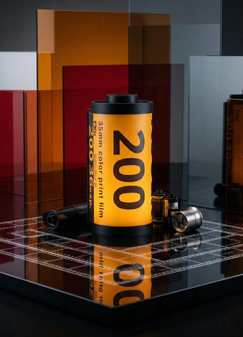 May include: A yellow and black 35mm color print film canister with the number 200 in large black font. The film canister is surrounded by other film canisters and a silver lens cap. The background features colorful translucent panels.