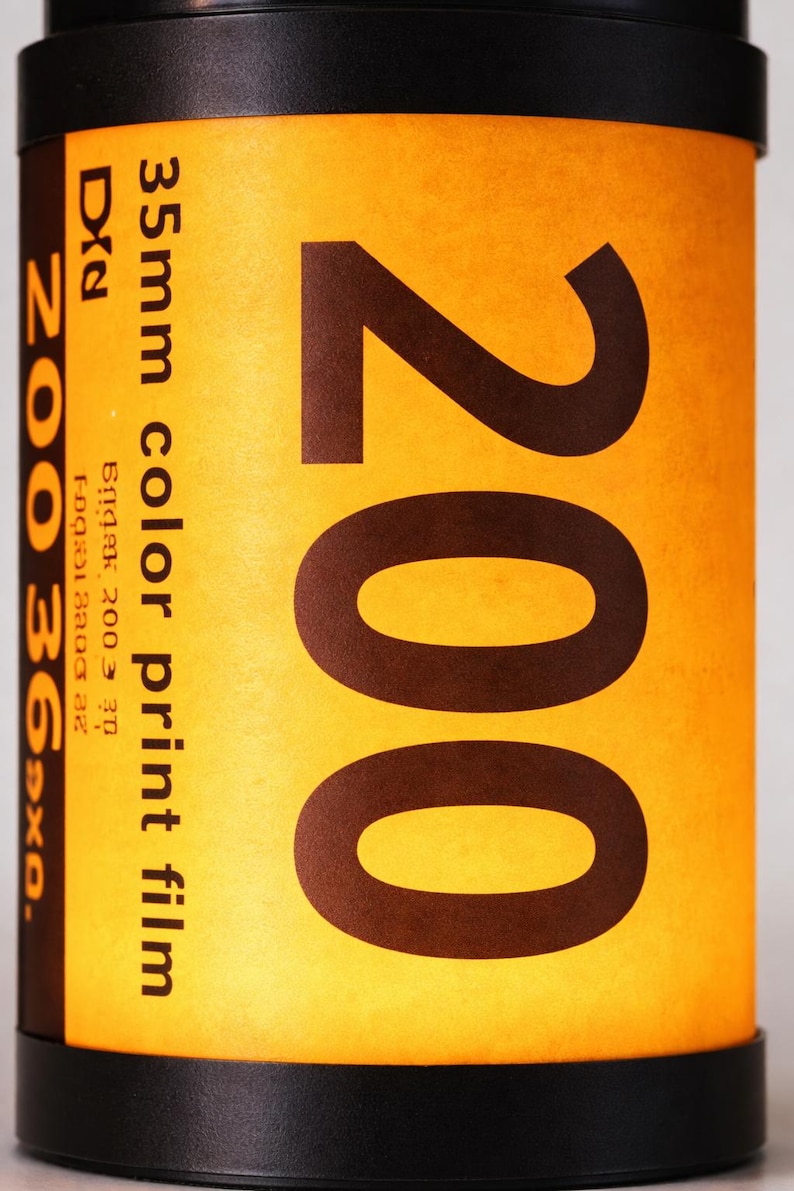 May include: A close-up of a 35mm color print film canister. The canister is black with a yellow label. The label features the number "200" in large brown font, along with the text "35mm color print film".
