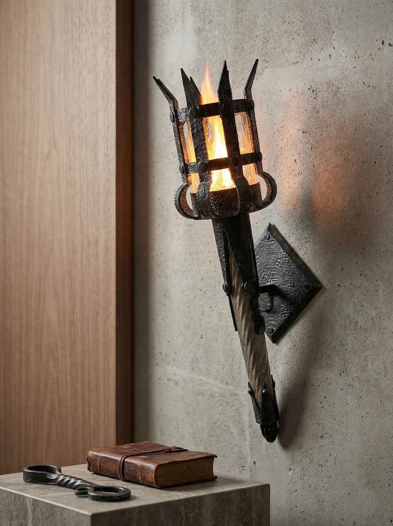Medieval Torch Wall Lamp, Gothic Castle Sconce, Fantasy Dungeon Decor, D&D Game Room Lighting, LED Faux Flame Knight Light, RPG Gift image 6