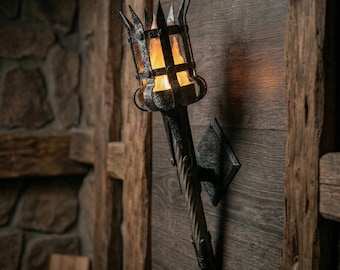 Medieval Torch Wall Lamp, Gothic Castle Sconce, Fantasy Dungeon Decor, D&D Game Room Lighting, LED Faux Flame Knight Light, RPG Gift