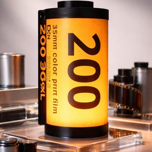 May include: A cylindrical film canister with the number "200" prominently displayed on a yellow label. The text "35mm color print film" is also visible. The canister is black on the top and bottom.