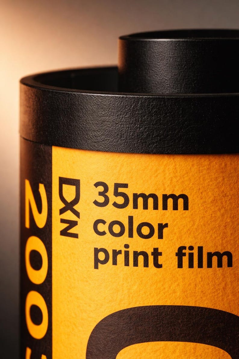 May include: Close-up of a 35mm color print film canister. The film canister is black with a yellow label. The label has the text "35mm color print film" in black. The film is 200 speed.