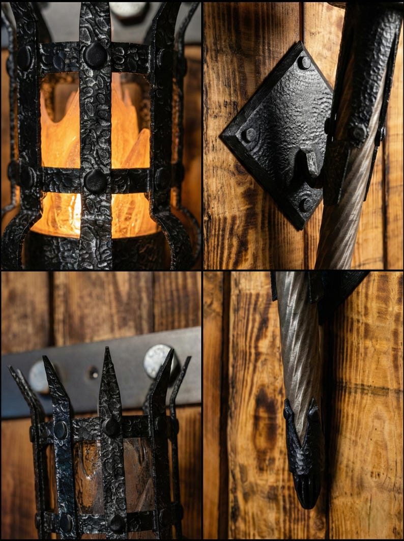 Medieval Torch Wall Lamp, Gothic Castle Sconce, Fantasy Dungeon Decor, D&D Game Room Lighting, LED Faux Flame Knight Light, RPG Gift image 3