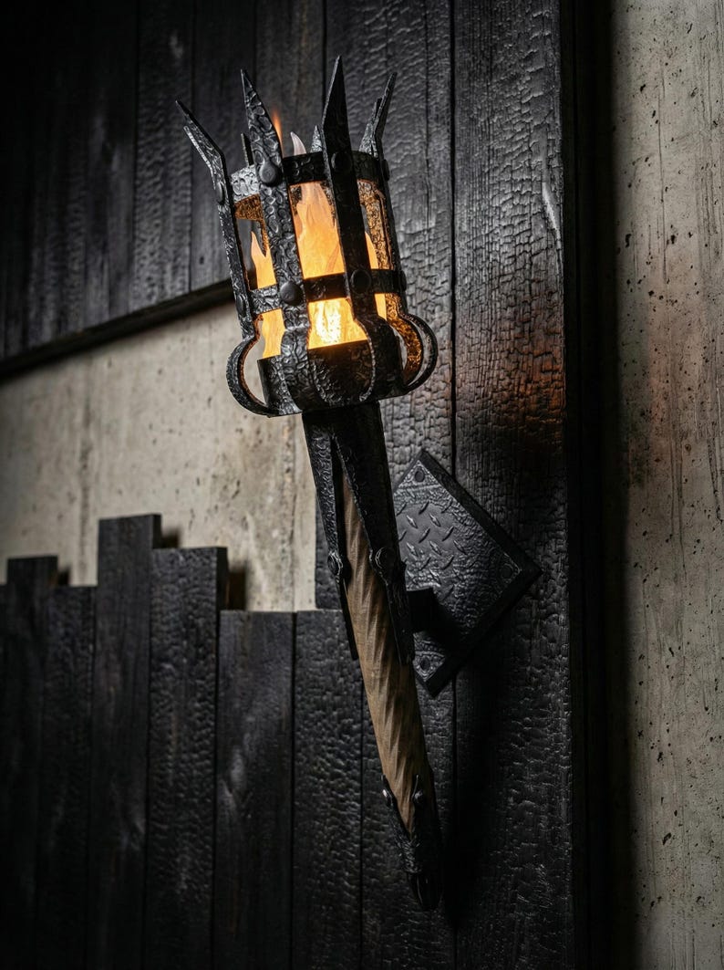 Medieval Torch Wall Lamp, Gothic Castle Sconce, Fantasy Dungeon Decor, D&D Game Room Lighting, LED Faux Flame Knight Light, RPG Gift image 4