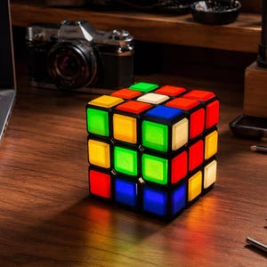 Puede incluir: Un cubo de Rubik colorido con cuadrados iluminados en rojo, azul, amarillo, verde y blanco. El rompecabezas está sobre una superficie de madera, con un portátil y una cámara en el fondo. Un rompecabezas clásico.