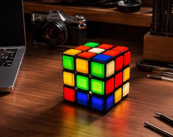 Rubiks Cube Lamp, Colorful LED Desk Light, Gamer Room Decor, Retro 90s Puzzle Night Light, Unique Gift for Him, Geek Lighting