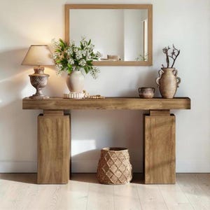 May include: A rectangular wooden console table with two thick block legs, topped with a lamp, a vase of white flowers, a small bowl, and a tall textured vase. A rectangular wooden-framed mirror hangs above, and a woven basket sits below.