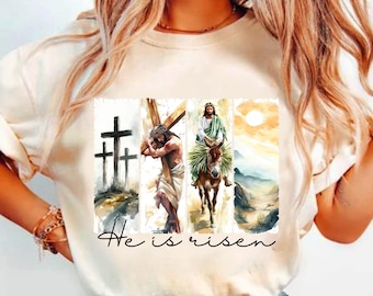 Sudadera con sublimación de pinceladas de Él ha resucitado, camiseta de Pascua, camiseta cristiana de Pascua de Jesús, versículo bíblico de Pascua, Mateo 28:6, Feliz Pascua