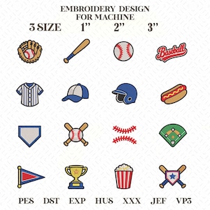 Könnte beinhalten: Eine digitale Sammlung von Baseball-Stickmustern für Maschinen, erhältlich in den Größen 1", 2" und 3". Die Symbole umfassen einen Handschuh, Schläger, Ball, Trikot, Kappe, Helm, Hotdog, Home Plate, Pokal, Popcorn und einen Wimpel in verschiedenen Farben.