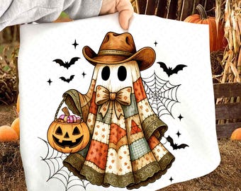 May include: A white Halloween-themed design featuring a ghost wearing a cowboy hat and a patchwork quilt. The ghost holds a jack-o'-lantern and is surrounded by bats, spiderwebs, and stars. The design is on a white background.