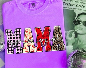 Trendy Mama PNG, Leopard Checker Cherry Letters Sublimation, Cute Retro Mom Shirt Design, Leopard Mama Png, Mama Sublimation