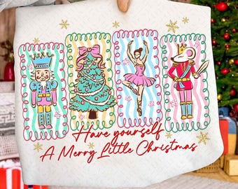 May include: A white Christmas-themed fabric with four framed illustrations: a nutcracker, a decorated Christmas tree, a ballerina, and a mouse in a royal outfit. The text "Have yourself A Merry Little Christmas" is written in red.