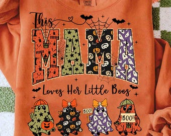 Preppy This Mama loves her little boos Png, Pumpkin Bats Faux Glitter PNG, Ghost Kids Custom Name Halloween Mama Png, Fall Png, Trendy Png