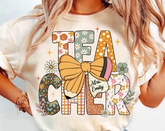 Boho Teacher PNG, Floral Teacher Sublimation Design with Pencil & Bow, Custom Teacher Name Tag PNG, Back to School Digital Download