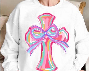 Cross easter Pink Brushstroke png, he is risen png, cross coquette bow png, pink bunny png, easter png, Girls easter png, preppy easter png