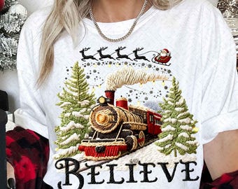 Faux Yarn Believe North Pole Train Png, Christmas Train To North Pole, Yarn Christmas Tree Design Png, Girly Christmas Sublimation Png