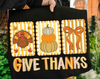 Coquette Give Thanks PNG Thanksgiving Hand Drawn Doodle Whimsical Three Frames Bow Preppy Brush Stroke Fall Retro Trendy Sublimation 2025