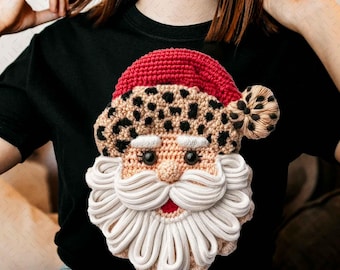 Santa Claus Head in Leopard Print Hat Png, Faux Yarn Digital Design, Trendy Christmas Santa Shirt Png, Light Skinned Santa Png