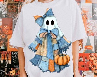 Retro Halloween Blue Denim Ghost Png, Trendy Patchwork Spooky Ghost Png, Cute Boo Ghost Coquette Png, Fall Pumpkin Png, Spooky Season Png