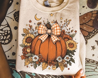 Fall Coquette Boho Floral Pumpkin Bow Png, Retro Preppy Floral Fall Pumpkin Autumn Png, Vintage Halloween Sublimation, Trendy Fall Shirt Png