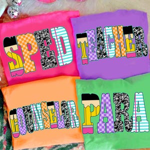 Neon School Occupation Checkered PNG Bundle, Back to School Teacher Sped Para Counselor, Preppy First Day of School Checkered Girly Png