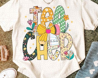 Boho Teacher PNG, Floral Teacher Sublimation Design with Pencil & Bow, Custom Teacher Name Tag PNG, Back to School Digital Download