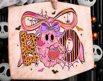 Fantasma assustador Boo PNG, Sublimação de Halloween rosa neon, Laço de Halloween feminino coquete, Camisa de Halloween com glitter elegante PNG, Abóbora de outono retrô