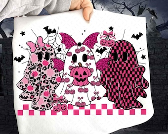 Retro Pink Leopard Pumpkin Ghost PNG, Halloween Girly Ghost Sublimation, Retro Checkered Ghosts Pumpkin Cherries PNG, Cute Spooky Design