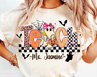 Preppy TEACH Fall Ghost Boo Leopard Png, Custom Teacher Halloween PNG, Spooky Coquette Png, Pink Leopard Ghost PNG, Fall Png, Ghost Teacher