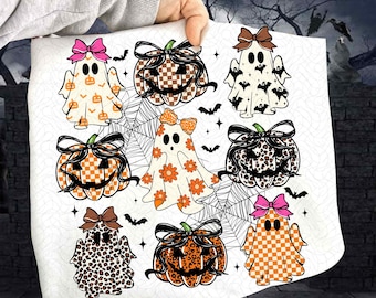 Coquette Leopard Pumpkin Ghost PNG, Retro Halloween Girly Ghost Sublimation, Retro Checkered Ghosts Pumpkin Cherries PNG, Cute Spooky Fall