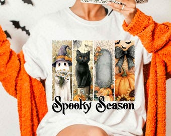 Gruselige Jahreszeit Png, Weinlese-Halloween-Geist Png, Kokette Herbst-Kürbis-Hemd-Design, Halloween-Bürstenstrich-Sublimation, Witchy Vibes Png
