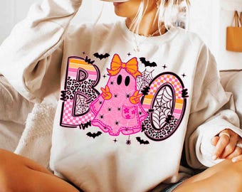 Fantasma assustador Boo PNG, Sublimação de Halloween rosa neon, Laço de Halloween feminino coquete, Camisa de Halloween com glitter elegante PNG, Abóbora de outono retrô