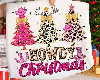 Howdy Christmas Png, Cowgirl Western Christmas Trees Png, Pink Leopard Coquette Xmas Bow Png, Cute Country Shirt Design, Holiday Sublimation