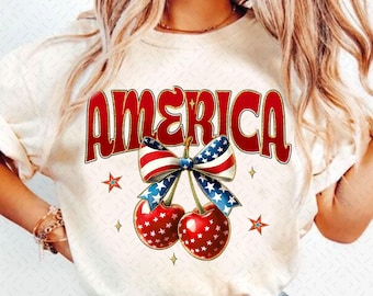 Preppy America Cherries Png, Coquette Cherry Bow Png, Girly USA Png, 4th of July Png, Retro Memorial Day PNG, Coquette America png