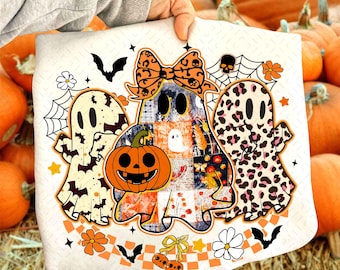 Trendy Floral Leopard Pumpkin Ghost PNG, Halloween Girly Ghost Sublimation, Retro Checkered Ghosts PNG, Cute Spooky Fall Shirt Design