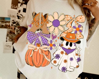 Western Halloween Ghost Coquette Png, Cowgirl Halloween Shirt Design, Girly Fall Pumpkin Sublimation, Floral Checker Ghost Bow Png