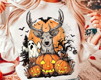 Vintage Halloween Deer PNG, Spooky Forest Buck Sublimation with Pumpkins & Bats, Rustic Hunting Halloween Clipart, Fall Antler Skull PNG