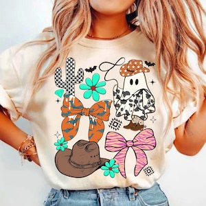 Western Halloween Ghost Coquette Png, Cowgirl Halloween Shirt Design, Girly Fall Pumpkin Sublimation, Floral Checker Ghost Bow Png