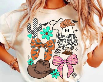 Western Halloween Ghost Coquette Png, Cowgirl Halloween Shirt Design, Girly Fall Pumpkin Sublimation, Floral Checker Ghost Bow Png