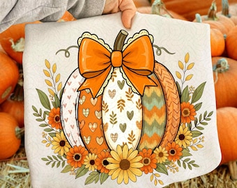 Fall Boho Floral Pumpkin Bow Png, Preppy Floral Pumpkin Png, Vintage Bow Fall Png, Thanksgiving Png, Autumn Sublimation, Fall Shirt Png