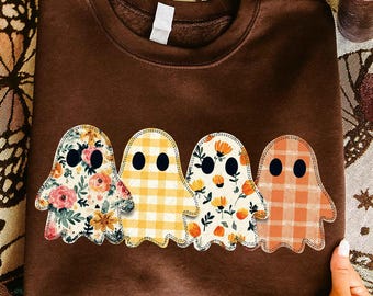 プレッピーな不気味な季節のPNG、花柄のゴーストパッチワークPNG、秋のカボチャPNG、面白いハロウィーンPNG、刺繍PNG、不気味な昇華、トレンド